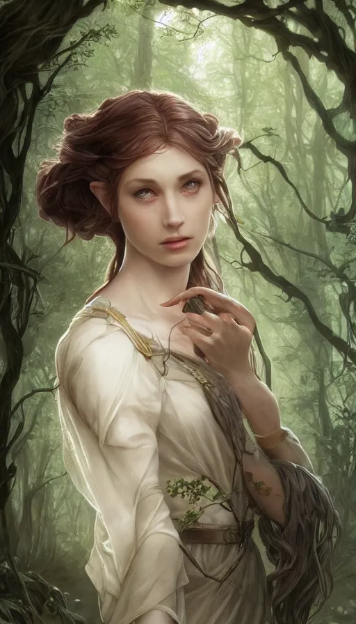 Image similar to fragile sad elvish lady in forest, extremely beautiful, fit, pale, blach hair, warhammer, fame of thrones, lord of the rings, sweaty, intricate, highly detailed, digital painting, artstation, concept art, smooth, sharp focus, illustration, unreal engine 5, 8 k, art by artgerm and greg rutkowski and alphonse mucha