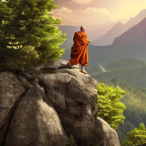 Prompt: a close up of a monk floating above a large rock in the mountains with trees in the background. highly detailed beautiful digital wallpaper art, 4 k, cinematic composition