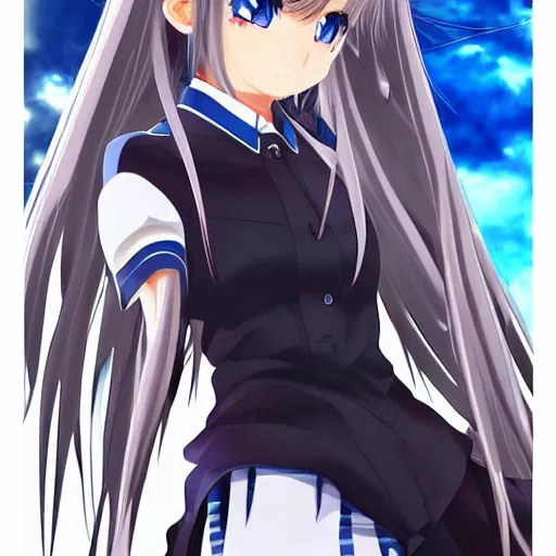 Prompt: A futuristic anime girl with long, grayish hair wearing a school uniform. She has large, expressive eyes and a serious expression. She looks like she's ready to take on the world, and she's not afraid to take risks. 8k clean intricately detailed artwork, full body medium shot by Koyoharu Gotouge, Tite Kubo and Takashi Murakami, Anime Series, XF IQ4, f/1.4, ISO 200, 1/160s, 8K, RAW, unedited, symmetrical balance, in-frame