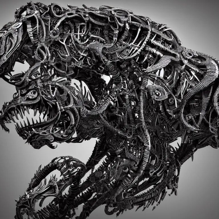 Image similar to surreal biomechanical spinal ribbed tribal exotic organic animal mechanical cyborg, beautiful detailed intricate insanely detailed BW 3D render digital art, octane render, 8K artistic photography, photorealistic