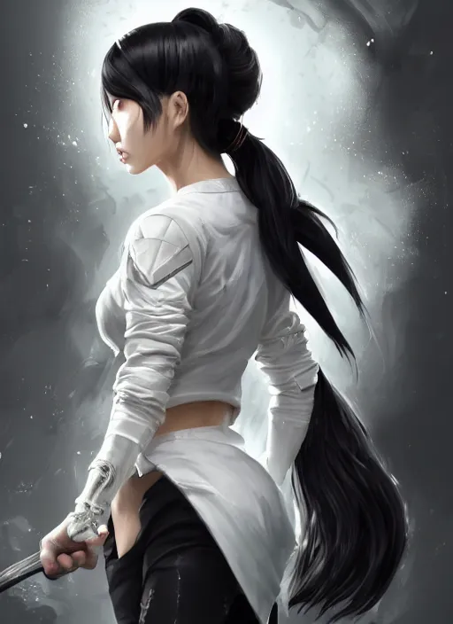 Image similar to a highly detailed illustration of fierce tall amazon messy ponytail black haired one armed delinquent japanese woman wearing white cap wearing long white jacket with cape, powerful imposing pose, muscular, perfect face, intricate, elegant, highly detailed, centered, digital painting, artstation, concept art, smooth, sharp focus, league of legends concept art, wlop.