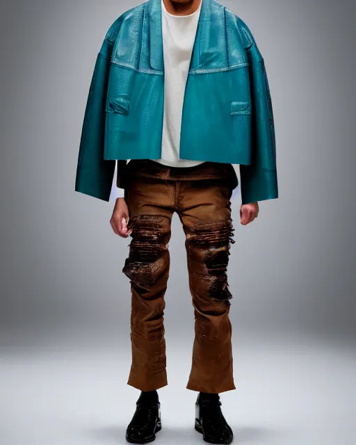 Prompt: an award - winning photo of a male model wearing a cropped baggy teal distressed medieval leather menswear harrington jacket by issey miyake, 4 k, studio lighting, wide angle lens