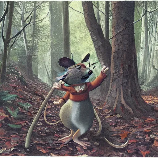 Prompt: an adventurous anthropomorphic mouse wearing medieval clothing walking through a lush forest, Alex Ross