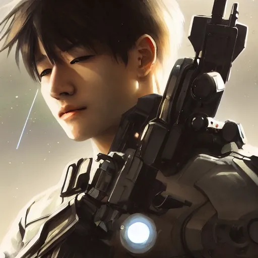 Image similar to award winning, extremely photorealistic, bokeh, beautiful detail, stars in the sky, cybernetic, sci-fi space game art, jeon Jungkook holding a gun. alien planet art by Akihito Yoshitomi AND Yoji Shinkawa AND Greg Rutkowski, Mark Arian trending on artstation