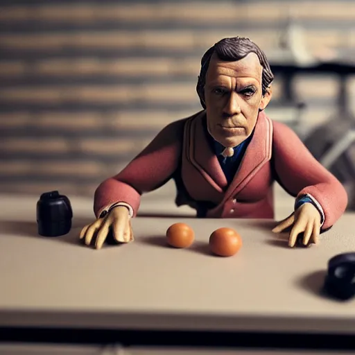 Image similar to product photography of a plasticine action figure hugh laurie on a workbench, depth of field, zeiss lens, detailed, centered, by erwin olaf, joop geesink, wes anderson, breathtaking, 8 k resolution, extremely detailed, beautiful, establishing shot, realistic materials, hyperrealistic