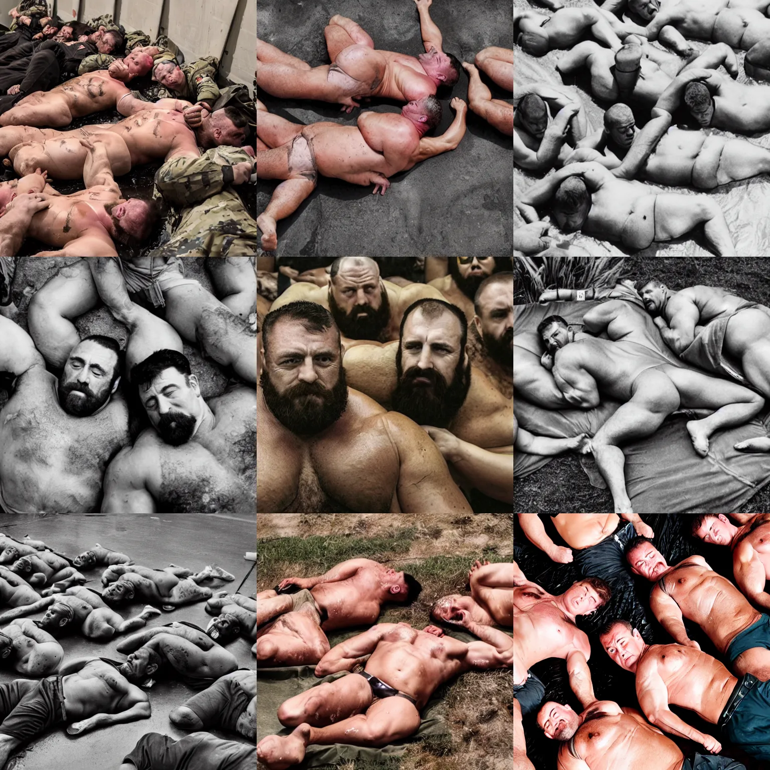 Prompt: regiment of big burly military strongmen laying down together in goo, photography