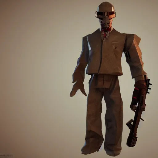 Image similar to g-man from half-life as a real world character, octane render, volumetric light,