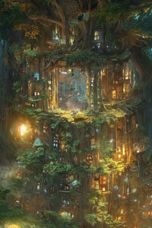 Image similar to a miniature city built into the trunk of a single colossal tree in the forest, with tiny people, in the style of craig mullins, lit windows, close - up, low angle, wide angle, awe - inspiring, highly detailed digital art