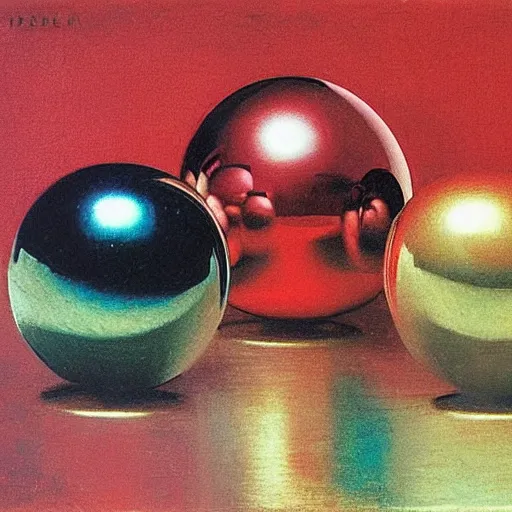 Prompt: chrome spheres on a red cube by frederic leighton