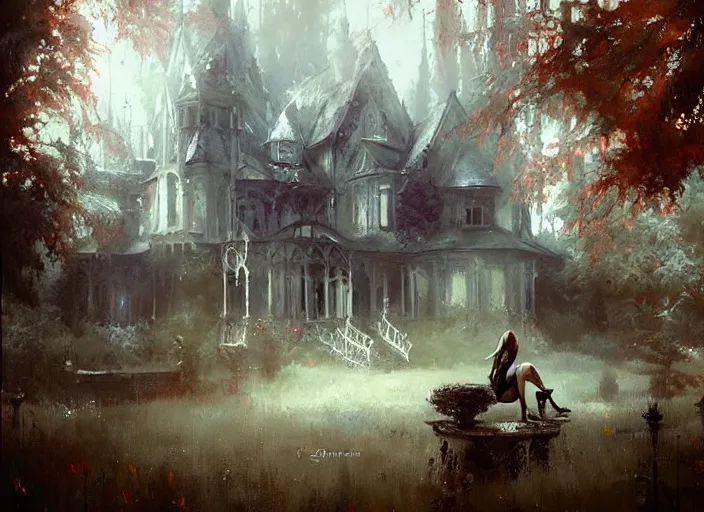 Prompt: gothic mansion, ornate, magical, artwork, paint, sunny, serene, trees, bastien lecouffe deharme, by jeremy mann