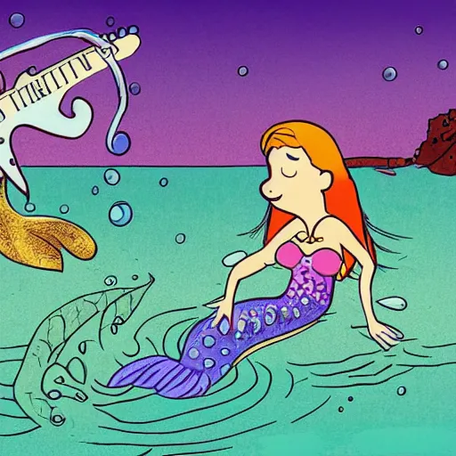 Image similar to illustration of a mermaid playing an stratocaster electric guitar, under the sea, by Bill Watterson