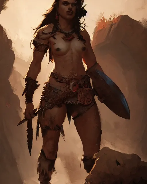 Image similar to barbarian warrior girl, full body, cinematic, artstation, cgsociety, greg rutkowski, james gurney, mignola, craig mullins, brom