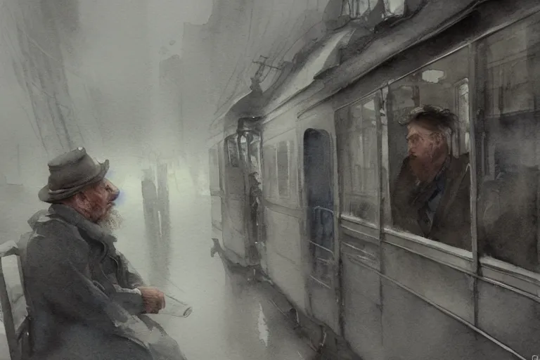 Prompt: small centered on watercolor paper, paint brush strokes, abstract watercolor painting of old man sitting on tram, poor and rugged, foggy dawn, morning dew, cinematic light, national romanticism by hans dahl, by jesper ejsing, by anders zorn, by greg rutkowski, by greg manchess, by tyler edlin