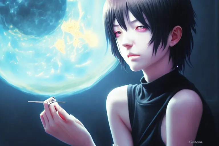 Image similar to emo girl battles again a stove fire. floating planets on the background, box office hit, fantasy and cosmic horror movie, unreal engine, intricate, highly detailed 8 k, ambient occlusion, extremely beautiful and aesthetic shape of face and body, art by hiroaki samura and ilya kuvshinov and rossdraws