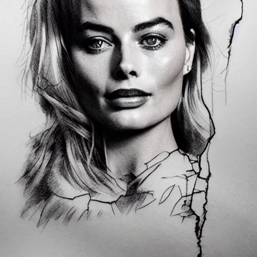 Image similar to tattoo design sketch with double exposure effect, margot robbie face and beautiful mountains, in the style of matteo pasqualin, amazing detail