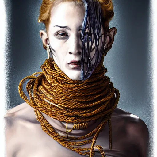 Image similar to portrait of a Shibari rope wrapped face and neck, headshot, insanely nice professional hair style, dramatic hair color, digital painting, of a old 15th century, old cyborg merchant, amber jewels, baroque, ornate clothing, scifi, realistic, hyperdetailed, chiaroscuro, concept art, art by Franz Hals and Jon Foster and Ayami Kojima and Amano and Karol Bak,