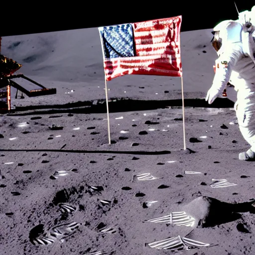 Prompt: A historical photo of a caracal cat on the moon next to the Apollo astronauts and American Flag