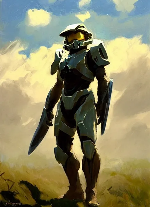 Image similar to Greg Manchess painting of Zelda wearing Forerunner armor from Halo, countryside, calm, fantasy character portrait, dynamic pose, above view, sunny day, thunder clouds in the sky, artwork by Jeremy Lipkin and Giuseppe Dangelico Pino and Michael Garmash and Rob Rey, very coherent asymmetrical artwork, sharp edges, perfect face, simple form, 100mm