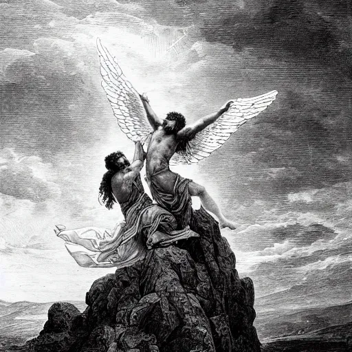 Image similar to A biblical painting of Jacob suplexing an angel at the top of a mountain by Gustave Doré, black and white palette, Scenic, Dramatic, beautiful shore in background, detailed, suplex, wrestling