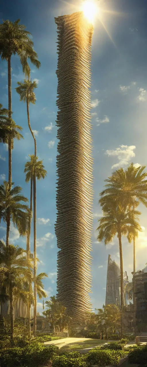 Image similar to photorealistic photo a contemporary babylon tower, golden details, sacred geometry architecture, cascading highrise, arid mountains with lush palm forest, sunlight, god rays, post - production, octane, cgi, sfx