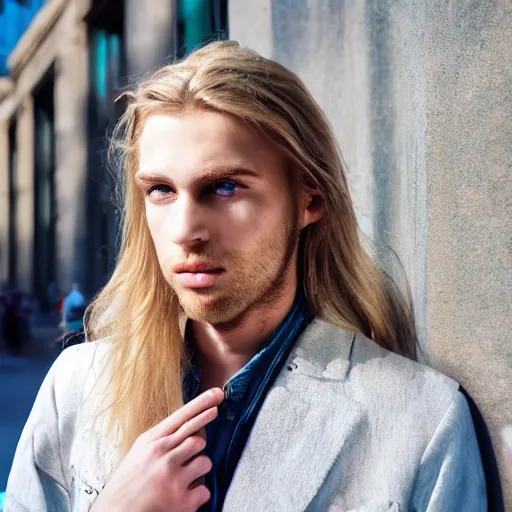 Prompt: a beautiful young man, blond, long hair, blue eyes, fair skin, in the middle of the city, detailed face and hair, hyper realistic