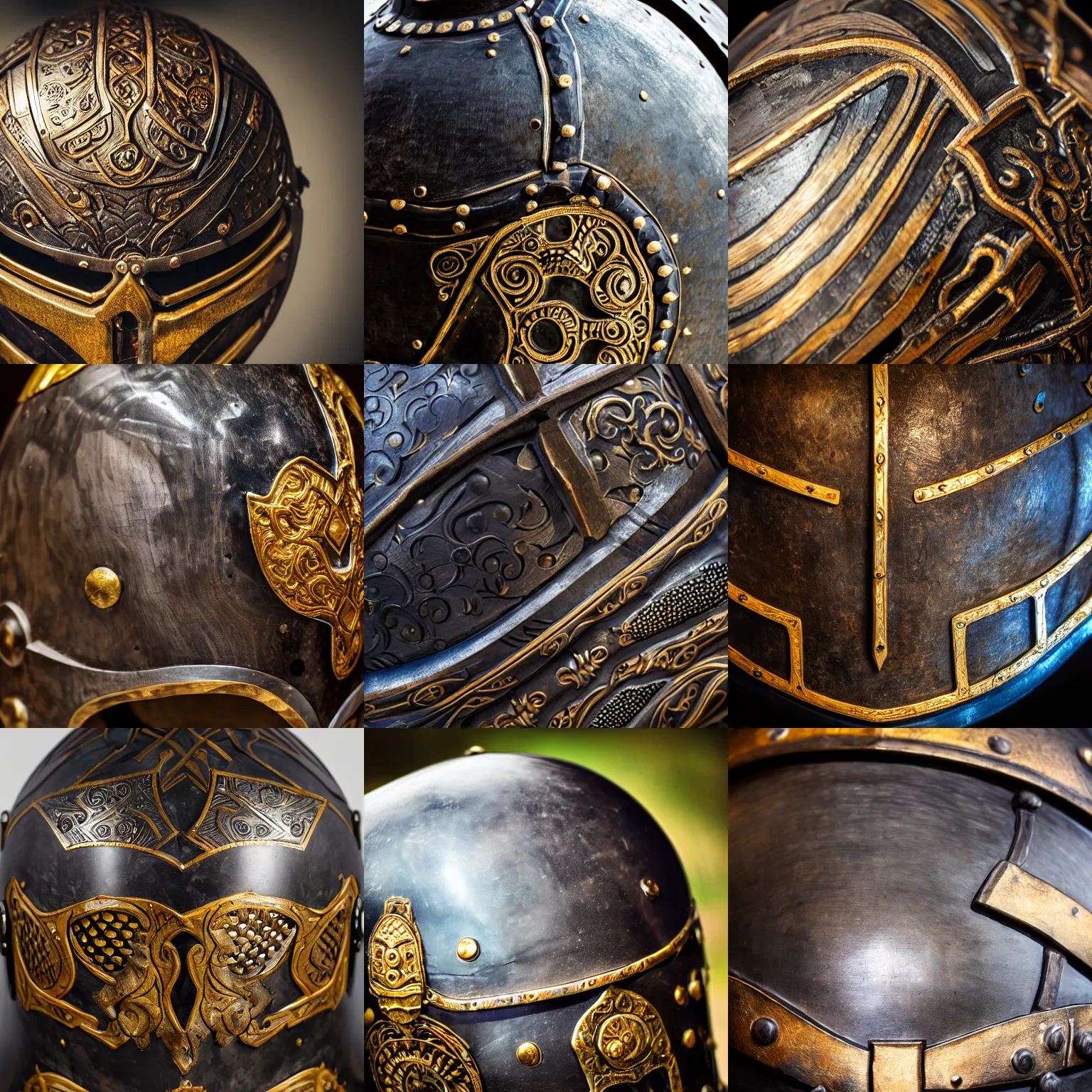 Prompt: hyper realistic photography of a translucent glorious obsidian metal carved medieval armor steel helmet, close - up, wood and gold details, intricate, extremely detailed, ornate, deep of field, nikon photography