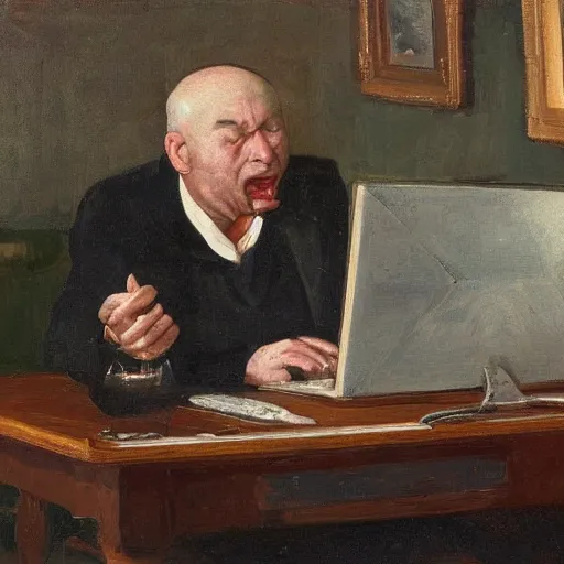 Image similar to an angry man yells at his computer monitor, oil on canvas, 1 8 8 3, highly detailed