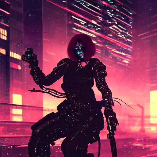 Image similar to candid action image of a fierce dangerous female cyberpunk hacker samurai in neotokyo at night, futuristic cyberpunk tokyo night, sci - fi and fantasy, intricate and very beautiful, highly detailed, digital painting, artstation, concept art, smooth and sharp focus, illustration, art by tian zi and wlop and alphonse mucha