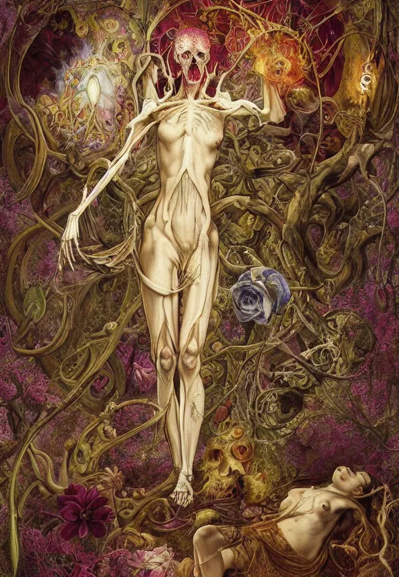 Image similar to simplicity, elegant, colorful muscular eldritch bodies and bones radiating from fractal, orchids, flowers, mandala, white bones, by h. r. giger and esao andrews and maria sibylla merian eugene delacroix, gustave dore, thomas moran, pop art, chiaroscuro, biopunk, art nouveau