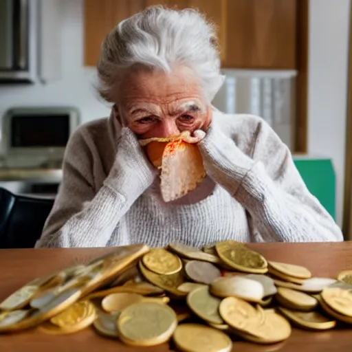 Prompt: photo of a dementia patient eating coins