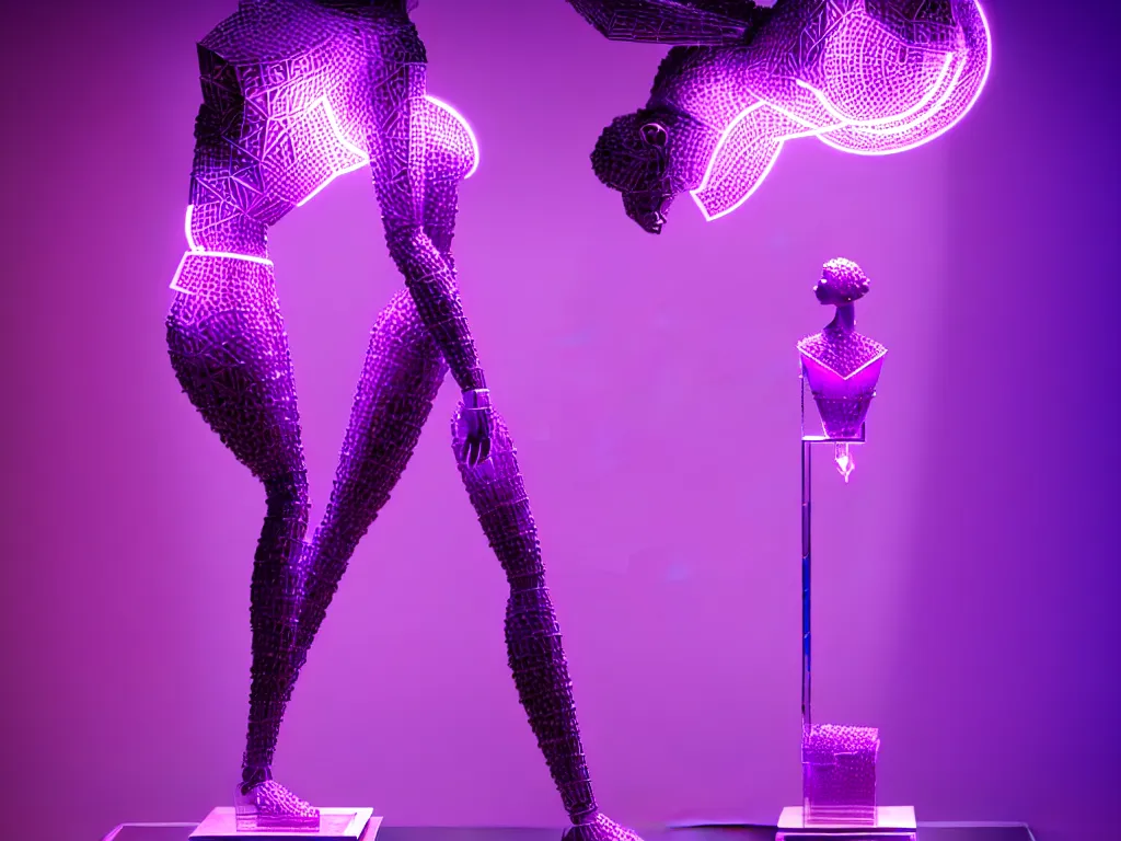 Image similar to beautiful mannequin sculpted out of amethyst by billelis + lit with purple 3 d geometric neon + chrome geometric cubed bonsai plants!!!!, doorway opening with neon pink geometric light, clean linework, dramatic, finely detailed, rule of thirds, moody, confident, award winning, 4 k, trending on artstation, photorealistic, volumetric lighting, octane render