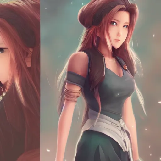 Prompt: alternate outfit of aerith ff7 by wlop, rossdraws, mingchen shen, bangkuart, sakimichan, yan gisuka, jeongseok lee, artstation, 4k