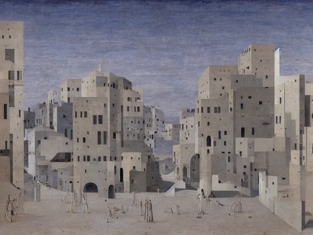 Image similar to Streets of a deserted, brutalist city that now fill with dust, sand, smoke. Dark blue sky, dried thujas. Painting by Piero della Francesca, Morandi, Yves Tanguy