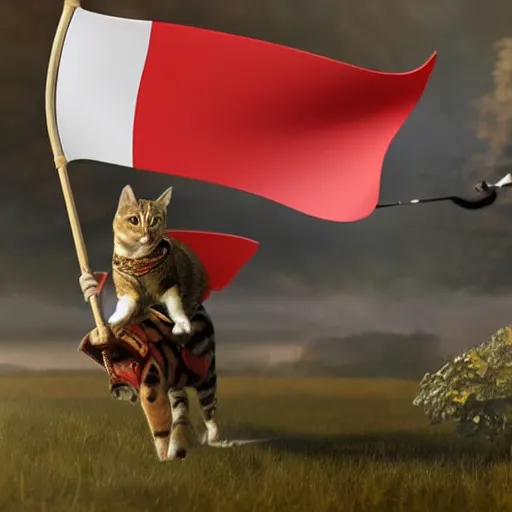 Image similar to a small warrior cat carrying his battle flag while riding a large cat steed that is galloping into battle