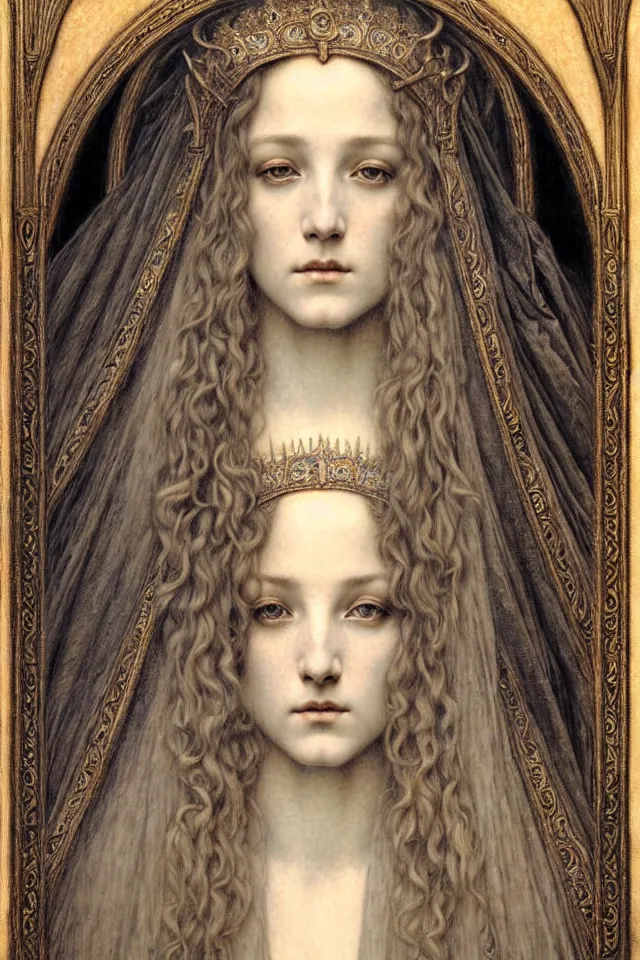 Image similar to detailed realistic beautiful young medieval queen face portrait by jean delville, gustave dore and marco mazzoni, art nouveau, symbolist, visionary, gothic, pre - raphaelite. horizontal symmetry