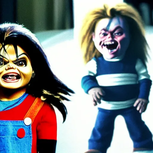 Prompt: of Micheal Jackson chuckles as chucky in cinematic art