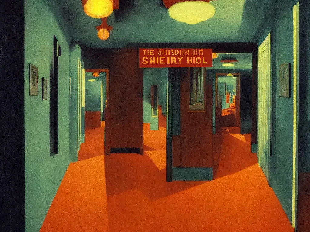Prompt: the shinning hotel hallway, 70s, americana vibrant colors, dim, dark, lone scary silhouette in the distance, cinematic, ultra view angle view, realistic detailed painting by edward hopper