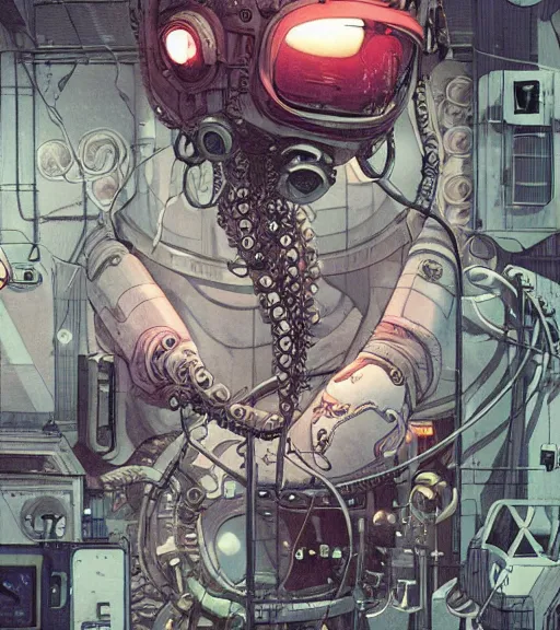 Image similar to a cybernetic realistic octopus in a space station, techwear, Industrial Scifi, detailed illustration, character portrait, by Ashley Wood and Moebius