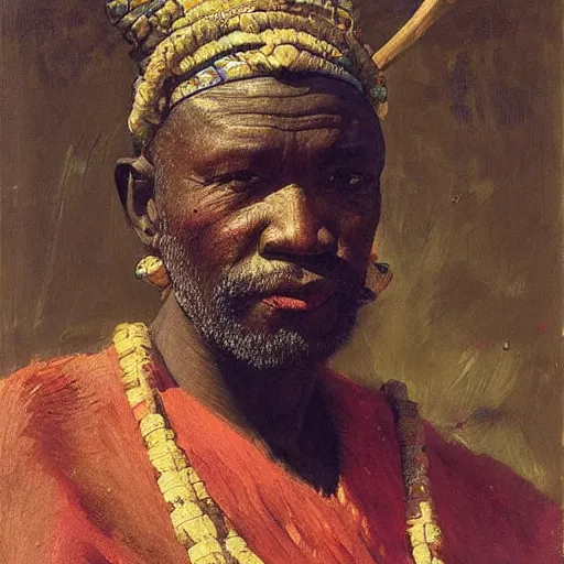 Prompt: portrait of Igbo chief, 1905, highly detailed, oil on canvas, by Ilya Repin