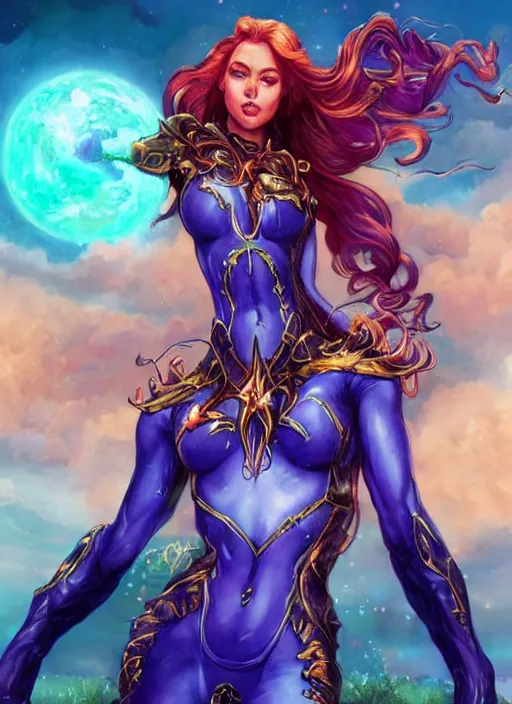 Image similar to front portrait hands behind body pose of attractive Starfire with ginger wavy hair, hands behind her body pose!, Intricate overlay flames imagery , D&D!, fantasy style, sharp focus!, ultra detailed, art by Artgerm and Peter Andrew Jones, WLUP