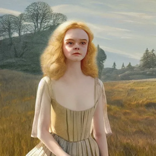 Prompt: Elle Fanning in the painted world of Portrait of a Lady on Fire, head and shoulders masterpiece, apocalypse, golden hour, cosmic horror, artstation, in the style of Andrew Wyeth and Edward Hopper and Bosch, extremely detailed