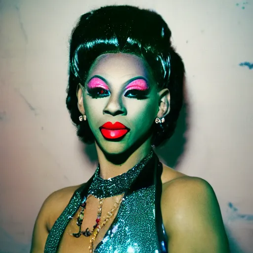 Image similar to realistic photoshoot of a nightlife personality in a club color film photography, portrait of a beautiful drag queen, photo in style of tyler mitchell 3 5 mm zeiss lens sharp