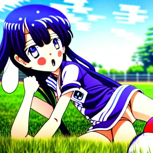 Prompt: A cute young anime girl with long blueish indigo hair, wearing a white soccer uniform with shorts and a soccer ball between her legs, in a large grassy green field, there is a cat next to her, shining golden hour, she has detailed black and purple anime eyes, extremely detailed cute anime girl face, she is happy, child like, Japanese shrine in the background, Higurashi, black anime pupils in her eyes, Haruhi Suzumiya, Umineko, Lucky Star, K-On, Kyoto Animation, she is smiling and happy, tons of details, sitting on her knees on the grass, chibi style, extremely cute, she is smiling and excited, her tiny hands are on her thighs, she has an extremely expressive face