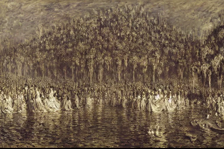 Prompt: a kingdom of excess and lavish life by gustave dore by claude monet