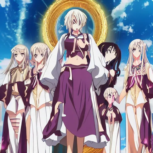 Image similar to Key Anime Visual a 50 foot tall giant anime girl goddess surrounded by a group of worshippers, wlop