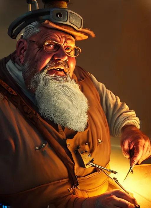 Image similar to An epic fantasy comic book style portrait painting of a an old tinker fat man working on a device in her workshop, unreal 5, DAZ, hyperrealistic, octane render, cosplay, RPG portrait, dynamic lighting