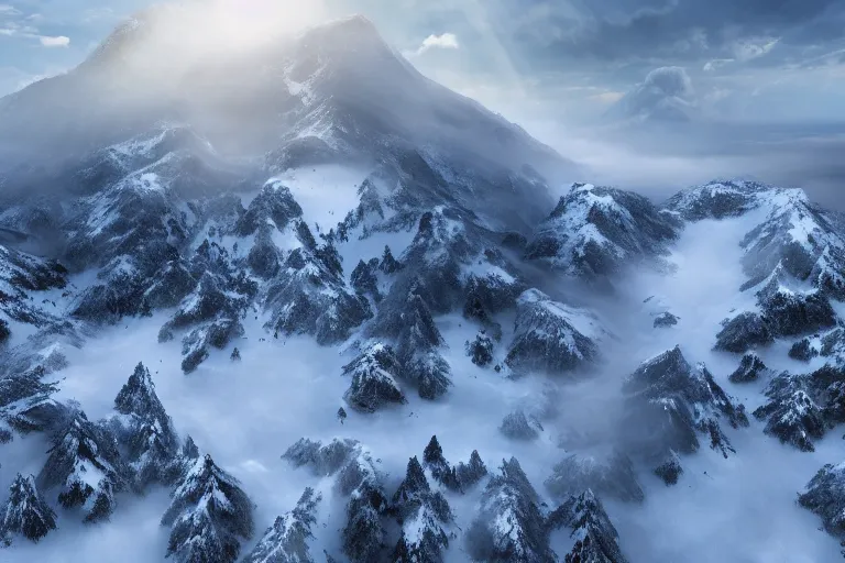 Image similar to taking from above, snowcapped mountain with lots of fog, high detail, photorealistic, good lighting, unbelievable.