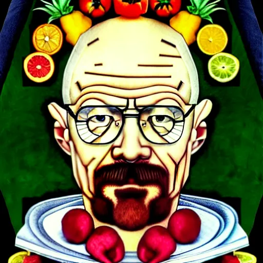 Image similar to walter white in the style of giuseppe arcimboldo, only fruits and veggies