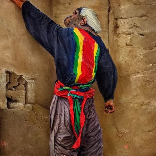 Image similar to beautiful painting by sophie anderson of a chimpanzee wearing traditional men kurdish clothes baggy pants and white shirt with a large sash tied around the waist in a kurdish village, award winning art, insanely detailed, bright colors, global illumination, cute, young, stunning