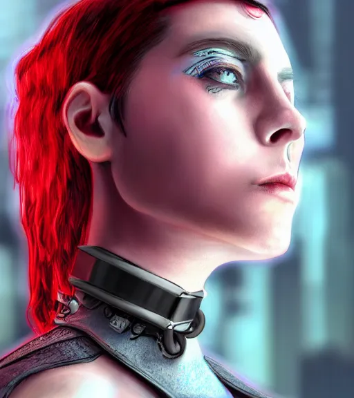 Image similar to detailed realistic female character cyberpunk wearing thick steel collar around neck, realistic, art, beautiful, 4K, collar, choker, collar around neck, punk, artstation, detailed, female, woman, choker, cyberpunk, neon, punk, collar, choker, collar around neck, thick collar, tight around neck, punk,